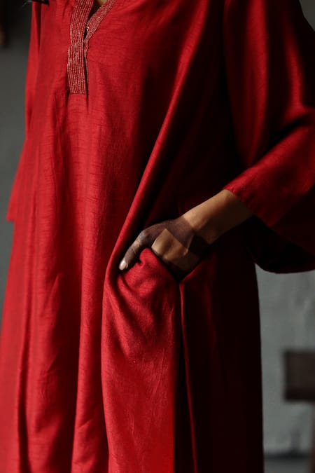 Shop_Shorshe Clothing_Red Kurta Raw Silk, Lining Shantoon, Pant Cotton Asymmetric And Farshi Set _Online_at_Aza_Fashions