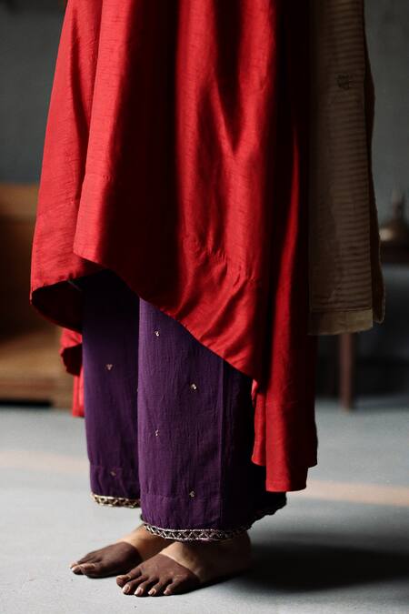 Shorshe Clothing_Red Kurta Raw Silk, Lining Shantoon, Pant Cotton Asymmetric And Farshi Set _at_Aza_Fashions