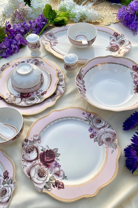 Shop Vigneto White Finest Premium Porcelain Rose Garden Dinner Set Of 36 at Aza Fashions Shop_Vigneto_White Finest Premium Porcelain Rose Garden Dinner Set Of 36_at_Aza_Fashions