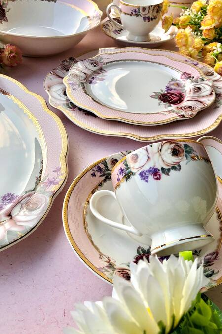 Buy Vigneto White Finest Premium Porcelain Rose Garden Dinner Set Of 36 Online at Aza Fashions Buy_Vigneto_White Finest Premium Porcelain Rose Garden Dinner Set Of 36_Online_at_Aza_Fashions