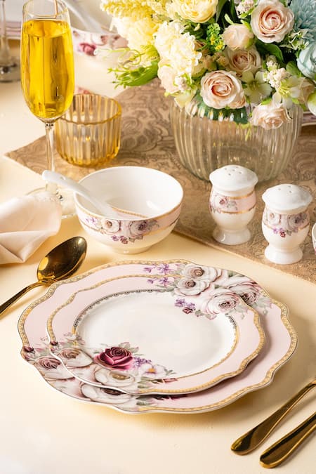 Shop Vigneto White Finest Premium Porcelain Rose Garden Dinner Set Of 36 Online at Aza Fashions Shop_Vigneto_White Finest Premium Porcelain Rose Garden Dinner Set Of 36_Online_at_Aza_Fashions