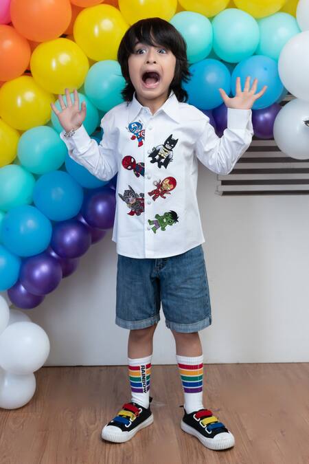 Hoity Moppet_White Cotton Embroidery Superhero Shirt _Online_at_Aza_Fashions