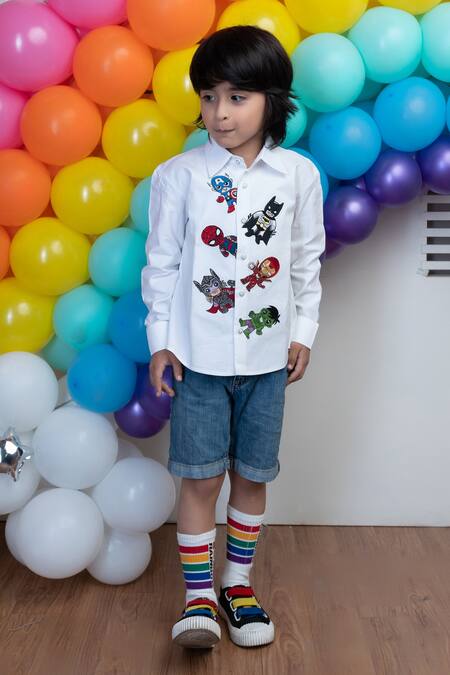 Buy_Hoity Moppet_White Cotton Embroidery Superhero Shirt _Online_at_Aza_Fashions