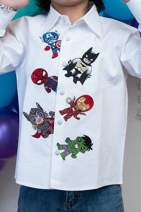 Shop_Hoity Moppet_White Cotton Embroidery Superhero Shirt _Online_at_Aza_Fashions