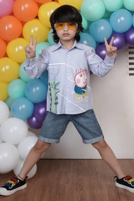 Shop Hoity Moppet Blue Cotton Embroidery Shirt at Aza Fashions Shop_Hoity Moppet_Blue Cotton Embroidery Shirt _at_Aza_Fashions