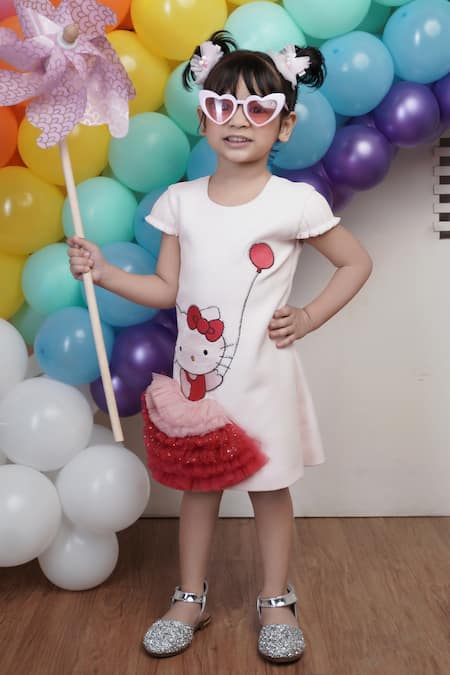 Shop Hoity Moppet White Tulle, Crepe Embroidery Hello Kitty Dress at Aza Fashions Shop_Hoity Moppet_White Tulle, Crepe Embroidery Hello Kitty Dress _at_Aza_Fashions