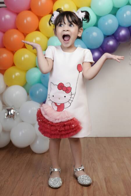 Hoity Moppet White Tulle, Crepe Embroidery Hello Kitty Dress Online at Aza Fashions Hoity Moppet_White Tulle, Crepe Embroidery Hello Kitty Dress _Online_at_Aza_Fashions