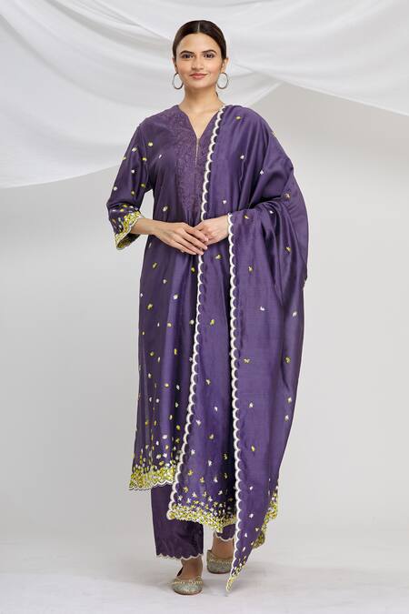Huemn_Purple Silk Chanderi V Neck Kurta Set_Online_at_Aza_Fashions