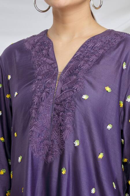 Huemn_Purple Silk Chanderi V Neck Kurta Set_at_Aza_Fashions