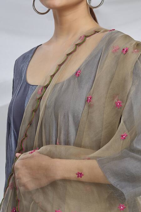 Huemn_Grey Organza, Chanderi U Neck Pintuck Kurta Set_at_Aza_Fashions