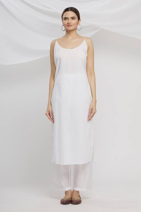 Shop_Huemn_White Organza, Chanderi V Neck Kurta Set_Online_at_Aza_Fashions