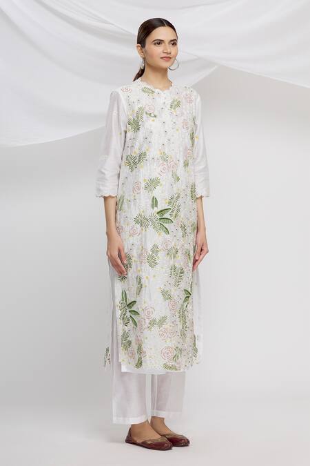 Huemn_White Organza, Chanderi Round Kurta Set_Online_at_Aza_Fashions