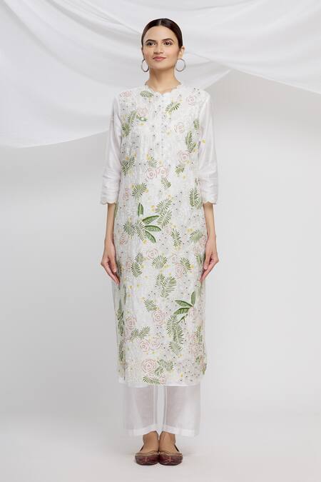 Buy_Huemn_White Organza, Chanderi Round Kurta Set_Online_at_Aza_Fashions