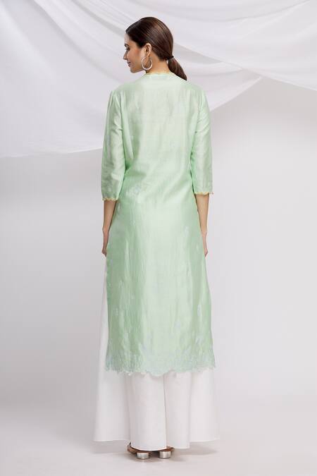 Shop Huemn Green Silk Chanderi Round Kurta Set at Aza Fashions Shop_Huemn_Green Silk Chanderi Round Kurta Set_at_Aza_Fashions