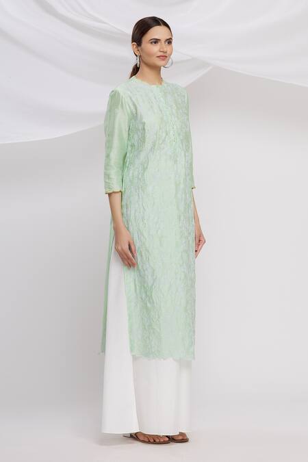 Huemn Green Silk Chanderi Round Kurta Set Online at Aza Fashions Huemn_Green Silk Chanderi Round Kurta Set_Online_at_Aza_Fashions
