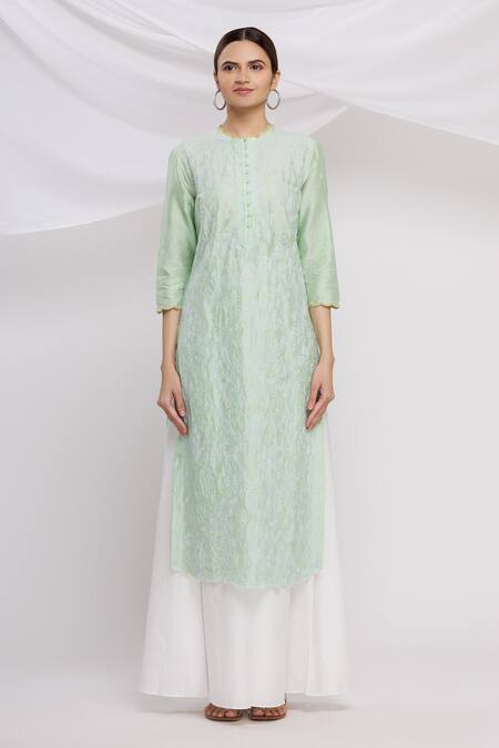 Buy Huemn Green Silk Chanderi Round Kurta Set Online at Aza Fashions Buy_Huemn_Green Silk Chanderi Round Kurta Set_Online_at_Aza_Fashions