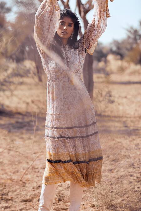 Hemant And Nandita_White Silver Gold Chiffon Lurex Floral Print Midi Dress_Online_at_Aza_Fashions