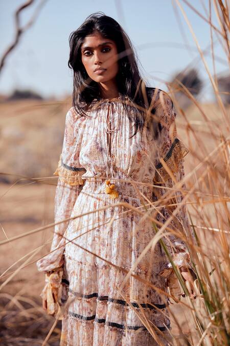 Hemant And Nandita_White Silver Gold Chiffon Lurex Floral Print Midi Dress_at_Aza_Fashions