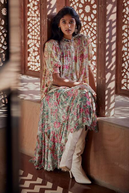 Hemant And Nandita_Green Rayon Crinkle Lurex Floral Mandarin Collar Motif Puff Sleeve Top_Online_at_Aza_Fashions