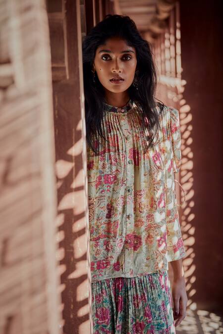 Shop_Hemant And Nandita_Green Rayon Crinkle Lurex Floral Mandarin Collar Motif Puff Sleeve Top_Online_at_Aza_Fashions