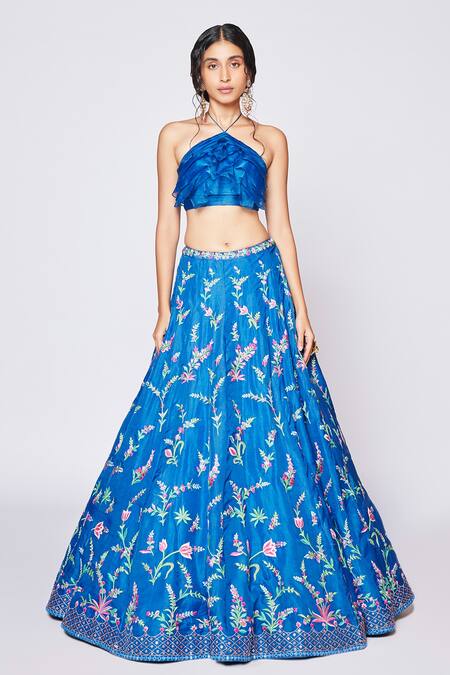 Buy_Chamee And Palak_Blue Floral Pattern Halter Neck Lilies Of All Kinds Lehenga And Blouse Set _Online_at_Aza_Fashions