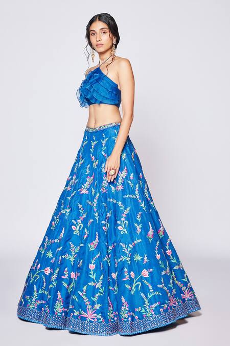 Shop_Chamee And Palak_Blue Floral Pattern Halter Neck Lilies Of All Kinds Lehenga And Blouse Set _Online_at_Aza_Fashions