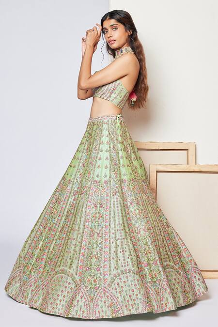 Chamee And Palak_Green Floral Pattern Halter Neck Dance Of Flowers Embroidered Bridal Lehenga Set _Online_at_Aza_Fashions