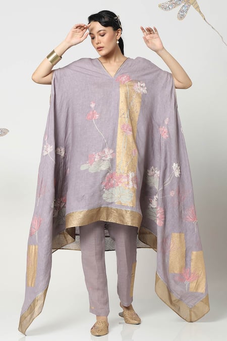 KAVERI Purple Linen Kaftan Tunic And Pant Set