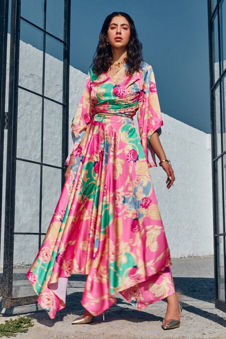 Buy_House Of Fett_Pink Satin, Silk V-neck Fiori Printed Top And Asymmetric Pant Set _Online_at_Aza_Fashions