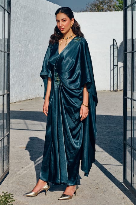 Buy House Of Fett Green Satin Beads, Crystals V-neck Jade Pleated Draped Gown Online at Aza Fashions Buy_House Of Fett_Green Satin Beads, Crystals V-neck Jade Pleated Draped Gown _Online_at_Aza_Fashions