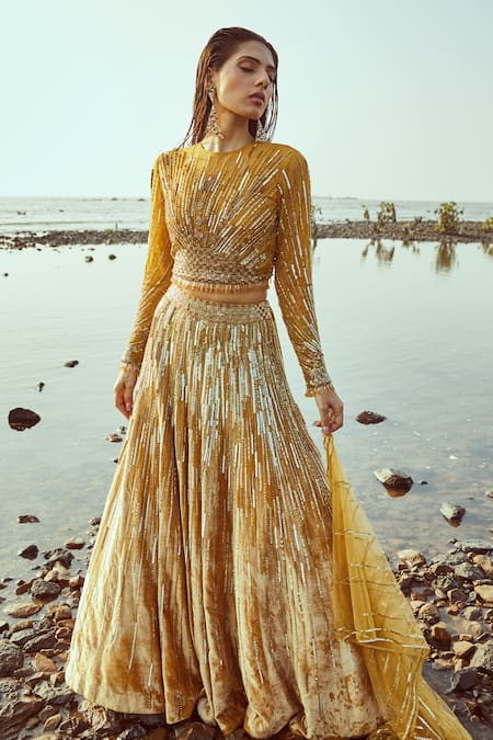 House of Musafir Yellow Silk Velvet And Tulle Embellished Sequin Round Lehenga Set 