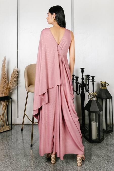 Shop House Of Fett Pink Viscose V Neck Draped Dress at Aza Fashions Shop_House Of Fett_Pink Viscose V Neck Draped Dress_at_Aza_Fashions