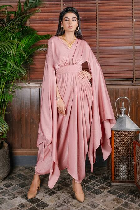 Buy_House Of Fett_Pink Heavy Satin V Neck Draped Dress_Online_at_Aza_Fashions