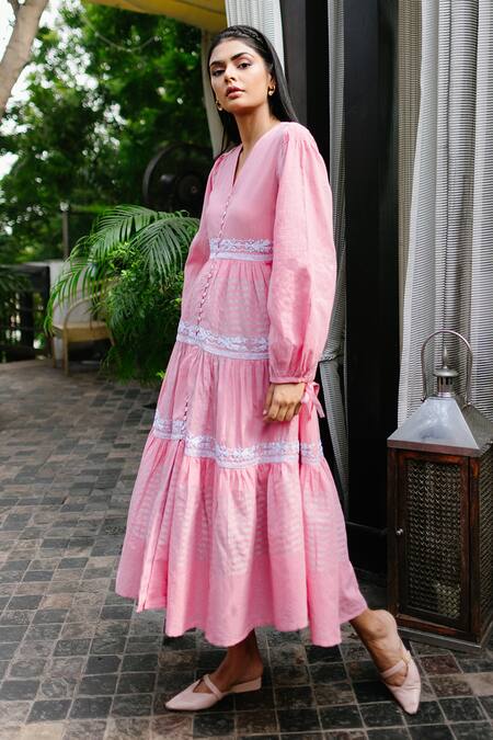 Buy_House Of Fett_Pink Cotton Striped Dress_Online_at_Aza_Fashions