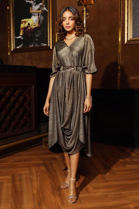 House Of Fett Black Pleated Shimmer Le Cannet Gown Online at Aza Fashions House Of Fett_Black Pleated Shimmer Le Cannet Gown _Online_at_Aza_Fashions