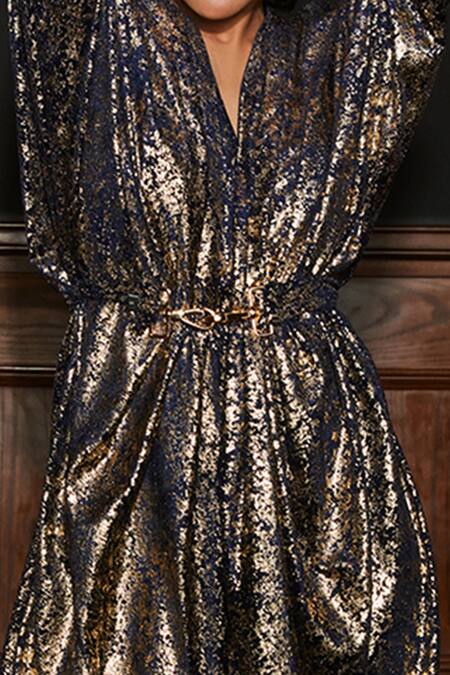 Shop_House Of Fett_Blue Premium Gold Embossed Velvet V Neck Janeiro Cowl Draped Dress _Online_at_Aza_Fashions
