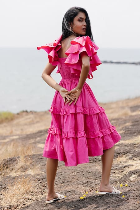 Buy Pink Cotton Plain V Neck Tiered Ruffle Dress For Women by