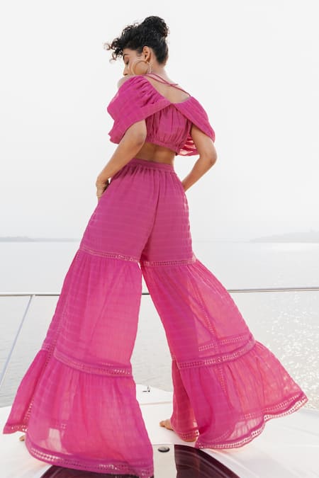 Shop House Of Fett Pink Textured Georgette Striped Round Rosa Bella Top And Palazzo Set at Aza Fashions Shop_House Of Fett_Pink Textured Georgette Striped Round Rosa Bella Top And Palazzo Set_at_Aza_Fashions