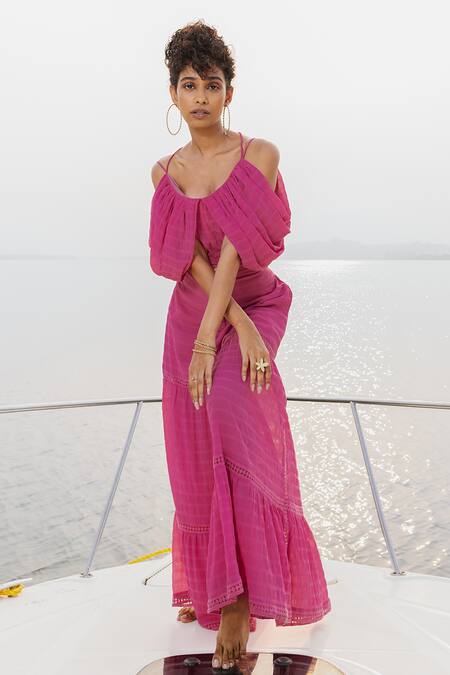 House Of Fett Pink Textured Georgette Striped Round Rosa Bella Top And Palazzo Set Online at Aza Fashions House Of Fett_Pink Textured Georgette Striped Round Rosa Bella Top And Palazzo Set_Online_at_Aza_Fashions