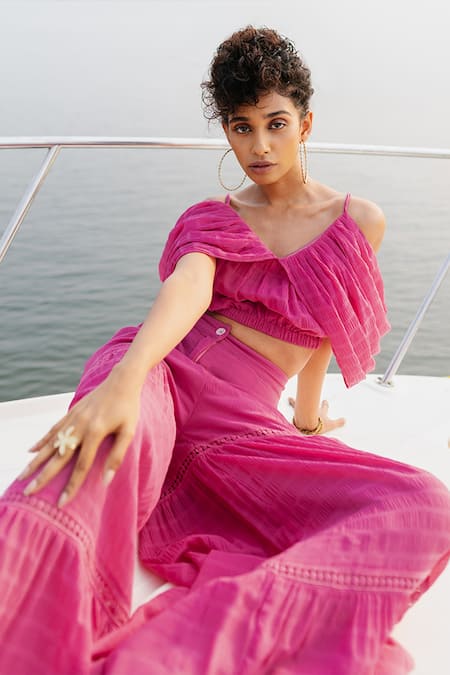 Buy House Of Fett Pink Textured Georgette Striped Round Rosa Bella Top And Palazzo Set Online at Aza Fashions Buy_House Of Fett_Pink Textured Georgette Striped Round Rosa Bella Top And Palazzo Set_Online_at_Aza_Fashions