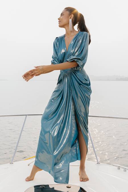 Shop House Of Fett Blue Glitz Knit Fabric Plain V Neck Sardinia Draped Gown Online at Aza Fashions Shop_House Of Fett_Blue Glitz Knit Fabric Plain V Neck Sardinia Draped Gown _Online_at_Aza_Fashions