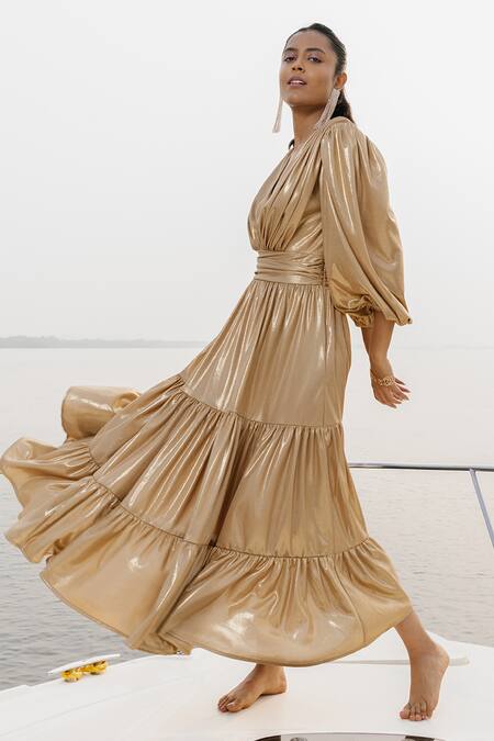 Shop House Of Fett Gold 100% Knit Fabric Plain V Neck Tiered Gown Online at Aza Fashions Shop_House Of Fett_Gold 100% Knit Fabric Plain V Neck Tiered Gown_Online_at_Aza_Fashions