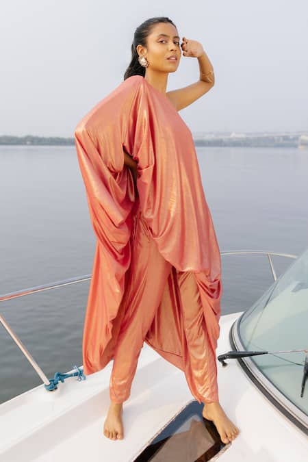 House Of Fett_Gold Luxury Foil Knit Fabric With Texture Plain Bellagio Off Tunic And Pant Set_Online_at_Aza_Fashions