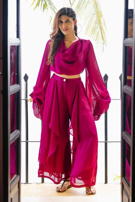 Buy_House Of Fett_Fuchsia Satin Cowl Neck Raspberry Balloon Sleeve Top And Pant Set_Online_at_Aza_Fashions