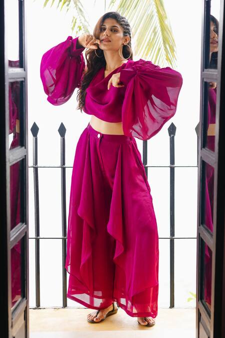 House Of Fett_Fuchsia Satin Cowl Neck Raspberry Balloon Sleeve Top And Pant Set_Online_at_Aza_Fashions