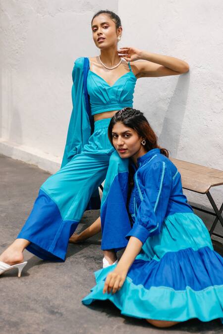 Buy_House Of Fett_Blue Cotton Colourblock V Neck Phi-phi Jacket Pant Set_Online_at_Aza_Fashions