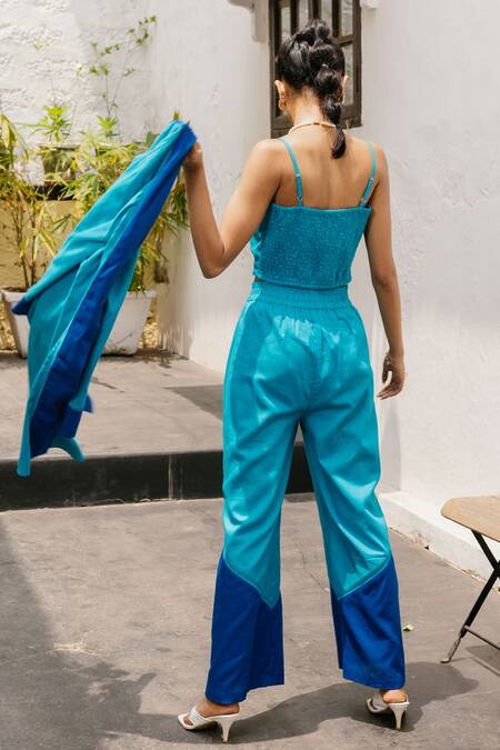 House Of Fett_Blue Cotton Colourblock V Neck Phi-phi Jacket Pant Set_at_Aza_Fashions