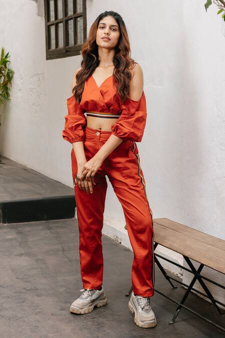 House Of Fett_Orange Cotton Twill V Neck Amber Cold Shoulder Top_Online_at_Aza_Fashions