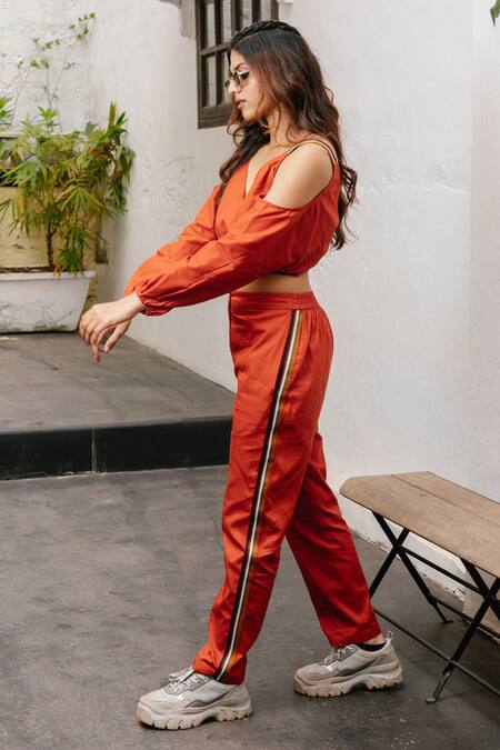 House Of Fett_Orange Cotton Twill V Neck Amber Cold Shoulder Top_at_Aza_Fashions