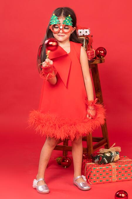 Hoity Moppet_Red Crepe, Satin Feathers Hem Dress _at_Aza_Fashions